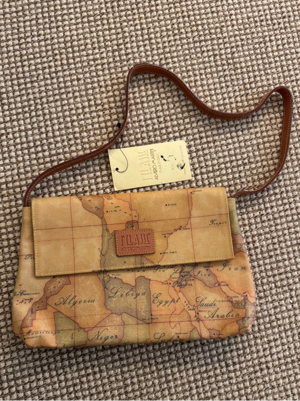 Alviero Martini Map Print Shoulder Bag in Tan and Brown